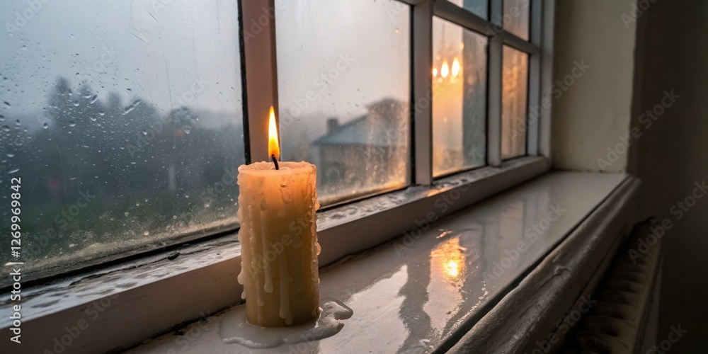Candle glows softly on windowsill during rainy evening with droplets reflecting warm light
