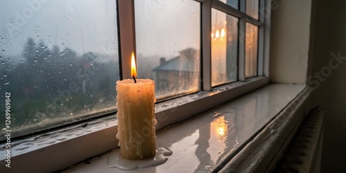 Obraz na płótnie Candle glows softly on windowsill during rainy evening with droplets reflecting warm light w salonie