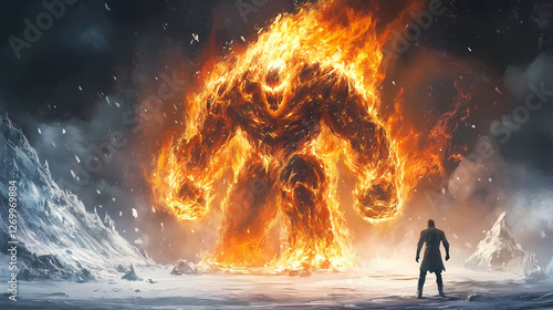 Frozen giant, man faces fiery inferno beast in icy wilderness. epic fantasy confrontation. Fire and Ice Colossi. Illustration photo