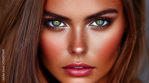 Wallpaper Mural Ultra HD Beauty Shot, high quality advertising grade image of a stunning woman with hypnotic green eyes, flawless sun kissed skin, and full lips. Her makeup enhances her intense gaze Torontodigital.ca