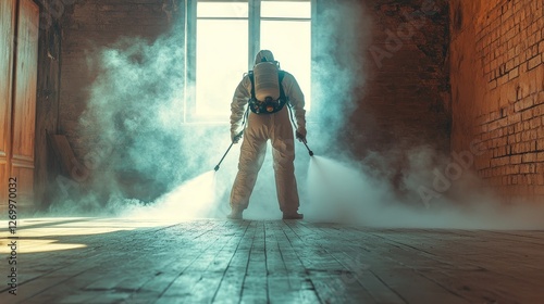 Un spécialiste en équipement de protection vaporise les pièces d'un appartement avec de la vapeur pour combattre les punaises de lit