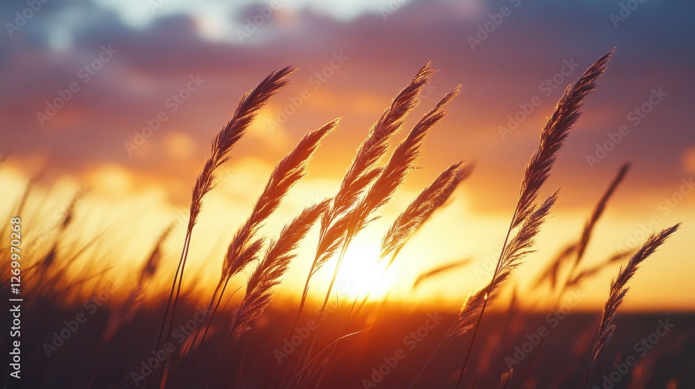 Golden grasses sway gently in the evening breeze, illuminated by the warm glow of a stunning sunset. Nature's serene beauty in full display. Golden grasses sway gently in the evening breeze, illuminated by the warm glow of a stunning sunset. Nature's serene beauty in full display.
