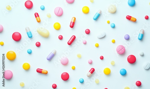 Assortment of colorful pills and capsules scattered on a white background, vibrant tones ideal for medical and pharmaceutical themes