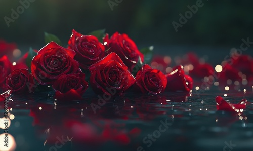 Bouquet of vibrant red roses scattered over a glossy surface, glistening with dewdrops, symbolizing love and timeless elegance.