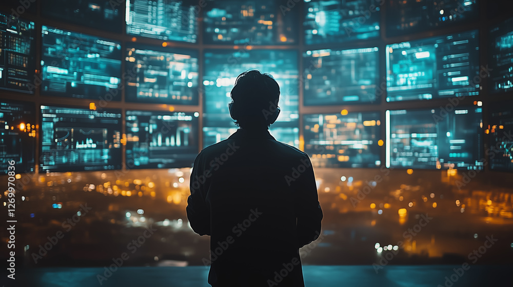 Individual observes data analysis from multiple screens in a high-tech environment during nighttime Individual observes data analysis from multiple screens in a high-tech environment during nighttime