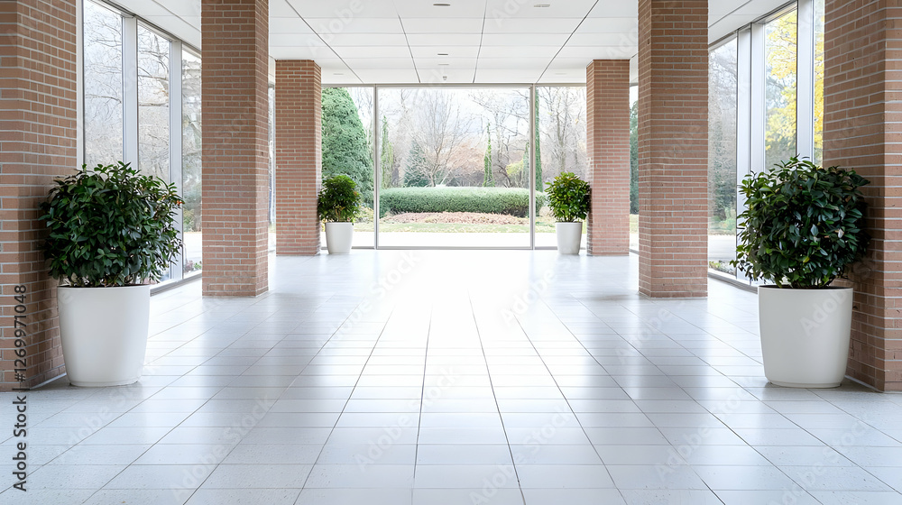 Fototapeta premium Bright modern office lobby featuring brick pillars and green potted plants looking out to a garden.