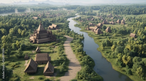 Aerial View of Ancient Village by River