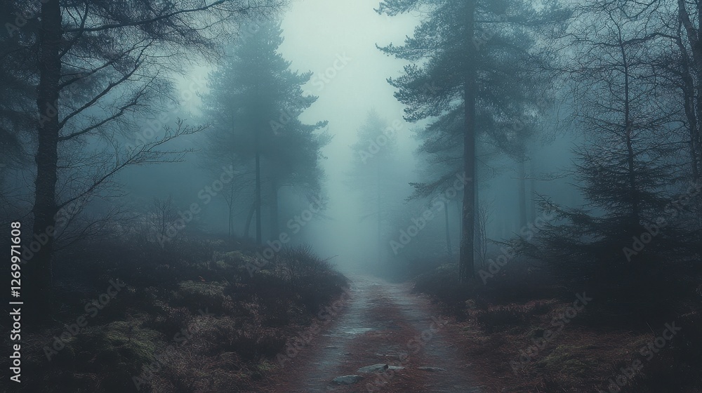 Fototapeta premium A mysterious foggy path through a dense forest, creating an atmospheric and serene ambiance.