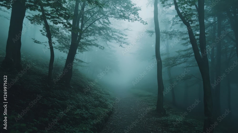 Obraz premium A serene pathway winding through a misty forest, showcasing the mystery of nature on a foggy day.