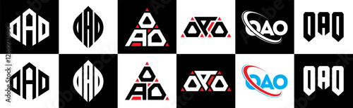 OAO letter logo design in six style. OAO polygon, circle, triangle, hexagon, flat and simple style with black and white color variation letter logo set in one artboard. OAO minimalist and classic logo