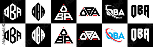 OBA letter logo design in six style. OBA polygon, circle, triangle, hexagon, flat and simple style with black and white color variation letter logo set in one artboard. OBA minimalist and classic logo