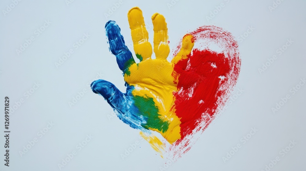 A colorful handprint in blue, yellow, green, and red shapes a heart, symbolizing love, creativity, and inclusivity in an artistic display.