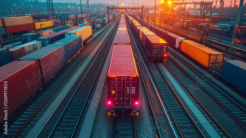 Industrial rail yard at sunset with colorful shipping containers and cargo trains