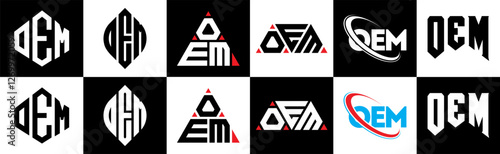 OEM letter logo design in six style. OEM polygon, circle, triangle, hexagon, flat and simple style with black and white color variation letter logo set in oOE artboard. OEM minimalist and classic logo