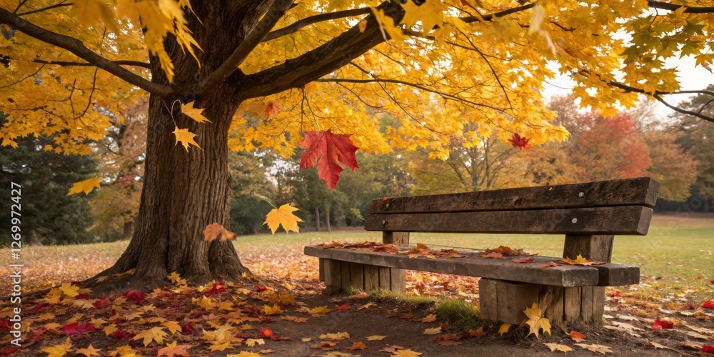 A serene autumn day with a wooden bench under a vibrant yellow maple tree surrounded by fallen leaves