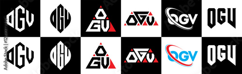 OGV letter logo design in six style. OGV polygon, circle, triaOGle, hexagon, flat and simple style with black and white color variation letter logo set in one artboard. OGV minimalist and classic logo