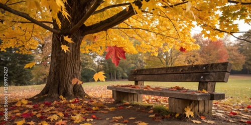 Obraz na płótnie A serene autumn day with a wooden bench under a vibrant yellow maple tree surrounded by fallen leaves w salonie