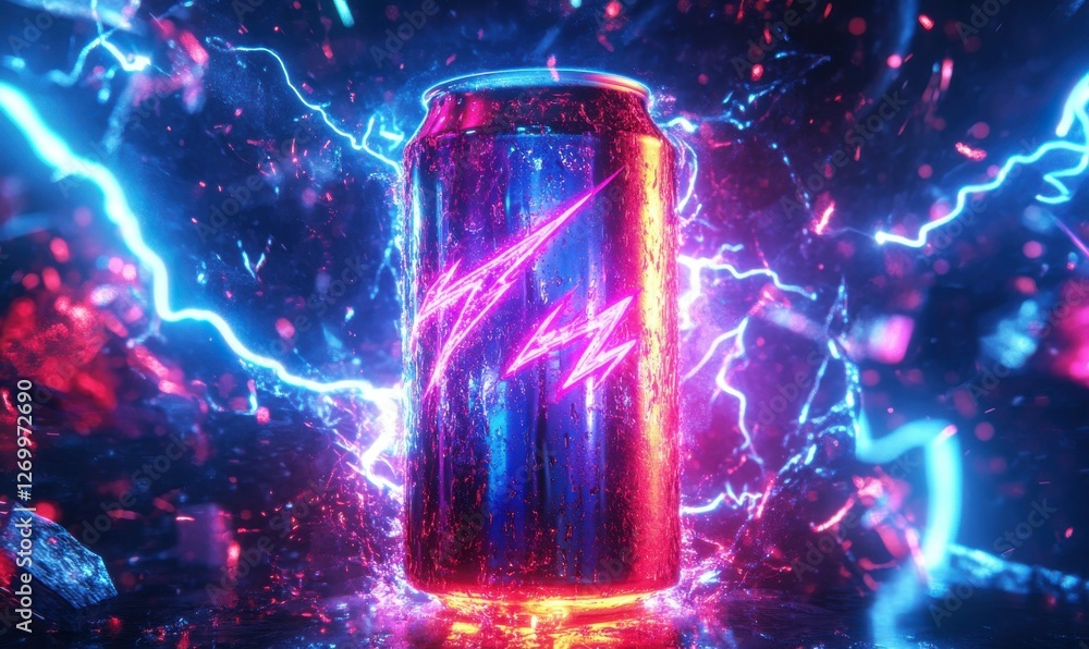 Abstract glowing energy drink can surrounded by lightning bolts, vibrant neon colors creating a futuristic vibe, clean and dynamic composition, sharp and detailed Abstract glowing energy drink can surrounded by lightning bolts, vibrant neon colors creating a futuristic vibe, clean and dynamic composition, sharp and detailed