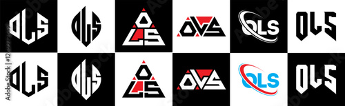 OLS letter logo design in six style. OLS polygon, circle, triangle, hexagon, flat and simple style with black and white color variation letter logo set in one artboard. OLS minimalist and classic logo