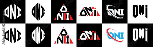 ONI letter logo design in six style. ONI polygon, circle, triangle, hexagon, flat and simple style with black and white color variation letter logo set in one artboard. ONI minimalist and classic logo