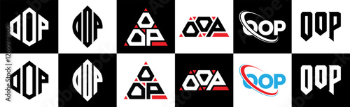 OOP letter logo design in six style. OOP polygon, circle, triangle, hexagon, flat and simple style with black and white color variation letter logo set in one artboard. OOP minimalist and classic logo