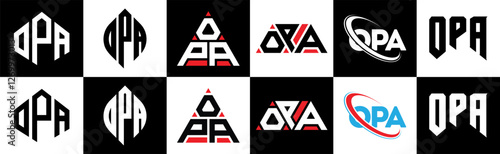 OPA letter logo design in six style. OPA polygon, circle, triangle, hexagon, flat and simple style with black and white color variation letter logo set in one artboard. OPA minimalist and classic logo