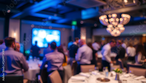 Blurred Corporate Event Reception - Reception area of a corporate event with attendees blurred in the background. Bussiness party