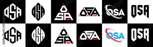 OSA letter logo design in six style. OSA polygon, circle, triangle, hexagon, flat and simple style with black and white color variation letter logo set in one artboard. OSA minimalist and classic logo