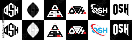 OSH letter logo design in six style. OSH polygon, circle, triangle, hexagon, flat and simple style with black and white color variation letter logo set in one artboard. OSH minimalist and classic logo