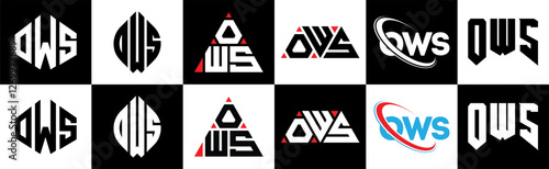 OWS letter logo design in six style. OWS polygon, circle, triangle, hexagon, flat and simple style with black and white color variation letter logo set in one artboard. OWS minimalist and classic logo