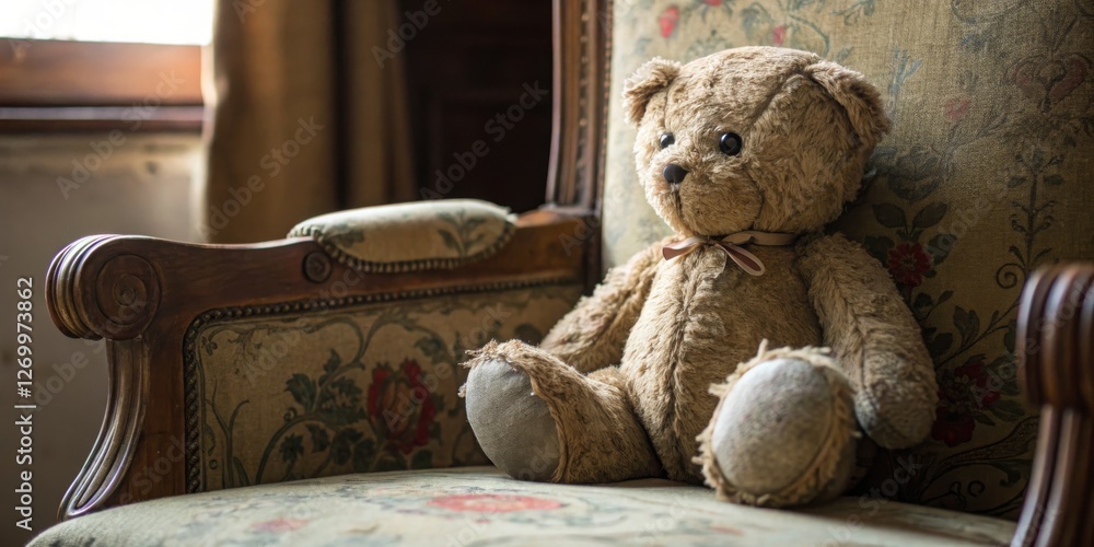 Old teddy bear sitting on a vintage armchair in a dimly lit room with floral upholstery