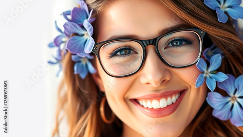 beautiful girl smiling in glasses, flowers around. vision protection, summer accessory for women. frame lenses