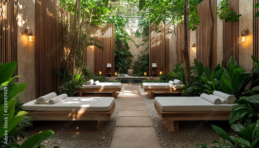 Luxurious tropical spa oasis with relaxation loungers amid lush greenery and natural light Luxurious tropical spa oasis with relaxation loungers amid lush greenery and natural light
