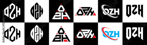 OZH letter logo design in six style. OZH polygon, circle, triangle, hexagon, flat and simple style with black and white color variation letter logo set in one artboard. OZH minimalist and classic logo