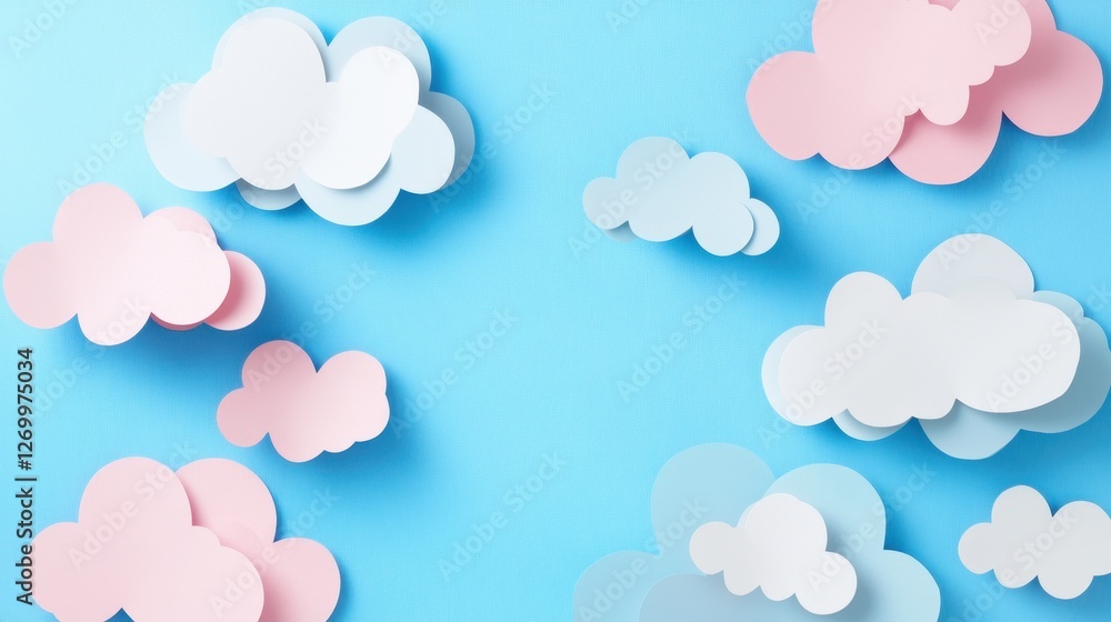 Obraz premium Delicate pastel clouds in pink and white create a whimsical, dreamy atmosphere against a vibrant blue background.