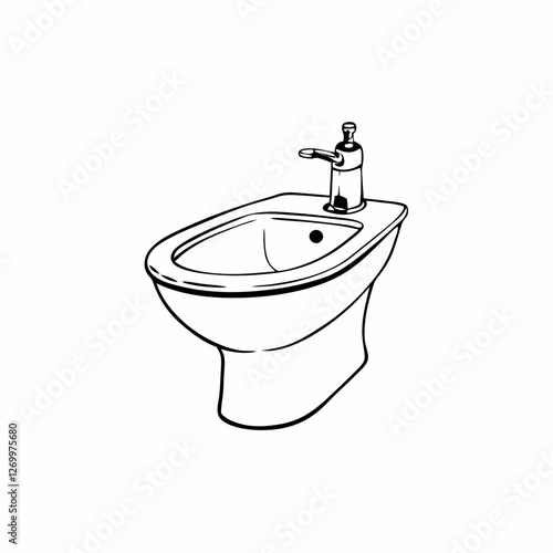Technical line drawing shows detailed bidet fixture with water faucet and soap dispenser. Clean architectural sketch style presentation. Concept: Bathroom fixtures, plumbing services, interior design