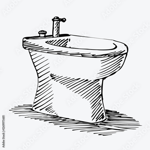 Classic bidet sketch rendered in expressive black lines. Vintage bathroom fixture illustration with detailed shading. Concept: Plumbing services, Bathroom design, Interior renovation