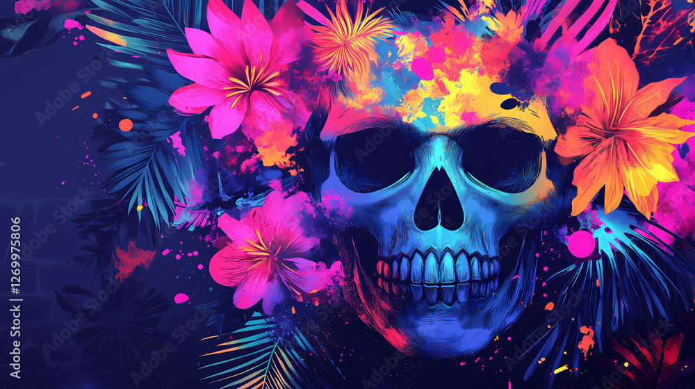 Punk-inspired skull illustration featuring neon floral patterns and bold graffiti textures in vibrant colors. Neon Graffiti Spirits. Illustration Punk-inspired skull illustration featuring neon floral patterns and bold graffiti textures in vibrant colors. Neon Graffiti Spirits. Illustration