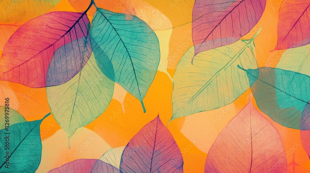 Obraz premium A vibrant composition of translucent leaves in various shades of turquoise, pink, and orange, creating a warm, abstract backdrop.