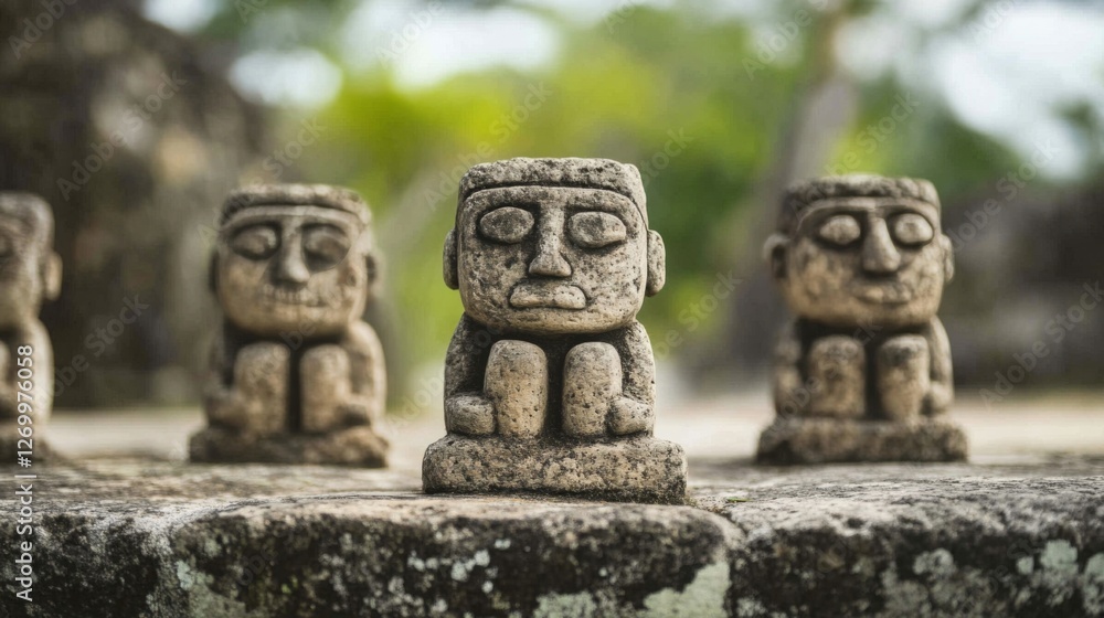 Ancient stone figurines on a stone wall, outdoor setting. Possible use Travel brochure or history book Ancient stone figurines on a stone wall, outdoor setting. Possible use Travel brochure or history book