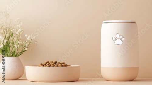 Modern Pet Food Dispenser with Bowl and Flowers