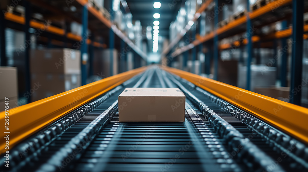 Conveyor belt transporting a package in a busy warehouse during daytime operations Conveyor belt transporting a package in a busy warehouse during daytime operations