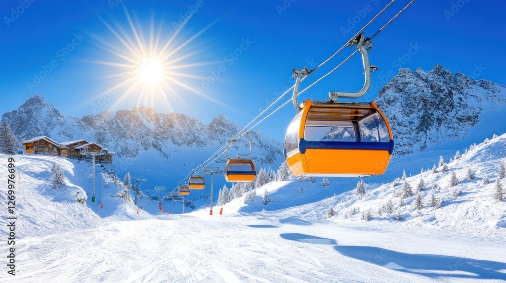 Alpine Ski Resort Gondola Lift Sunny Day Alpine Ski Resort Gondola Lift Sunny Day
