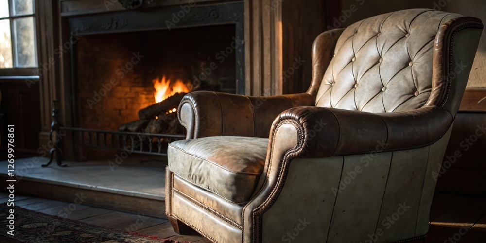Cozy leather armchair by a warm fireplace in a welcoming room during the evening