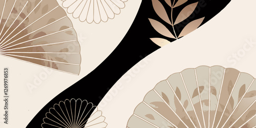 Abstract floral and botanical composition with Japanese-style fans and leaf silhouette on beige and black background. Concept: oriental elegance, decorative pattern, modern minimalism.