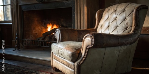 Obraz na płótnie Cozy leather armchair by a warm fireplace in a welcoming room during the evening w salonie