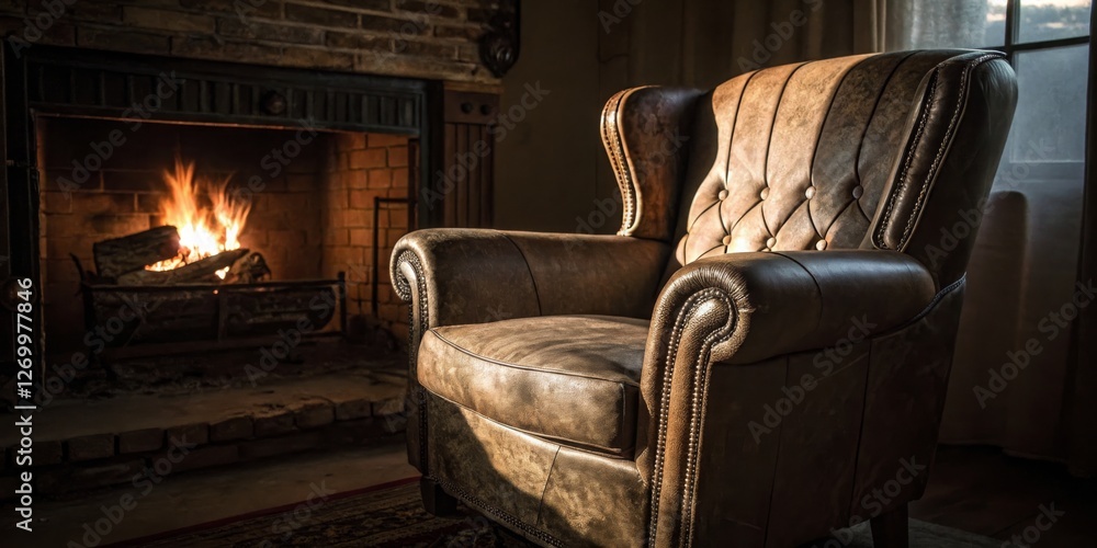 Cozy leather armchair in front of a warm fireplace during late evening hours