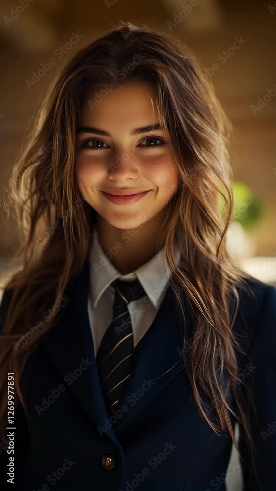 A university female student poses and smiles confidently in a historic hall wearing formal attire, highlighting her academic spirit. The warm lighting enhances the ambiance. A university female student poses and smiles confidently in a historic hall wearing formal attire, highlighting her academic spirit. The warm lighting enhances the ambiance.