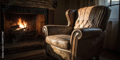 Obraz na płótnie Cozy leather armchair in front of a warm fireplace during late evening hours w salonie