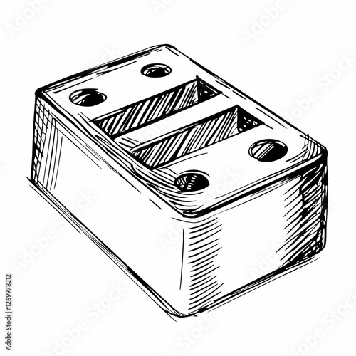 Technical sketch of rectangular block with recesses and holes. Detailed engineering drawing with depth shading. Concept: architecture, engineering, construction, toothbrush holder